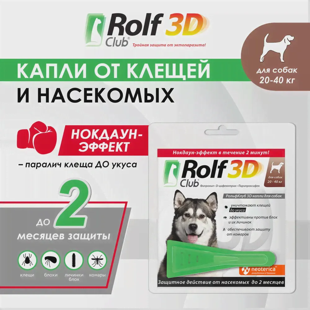 Капли (Rolf Club) 3D (1пип) от клещей, блох и комаров для собак от 20-40кг (ЛИЦЕНЗИЯ)-0